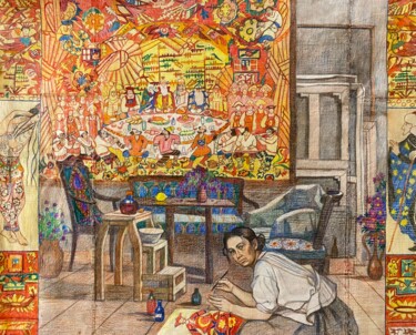 Malerei mit dem Titel "Гончарова за работо…" von Anastasiia Goreva, Original-Kunstwerk, Conté-Buntstifte