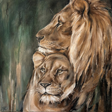 Painting titled "Lion and lioness" by Anastasiia Iurzinova, Original Artwork, Oil Mounted on Wood Stretcher frame