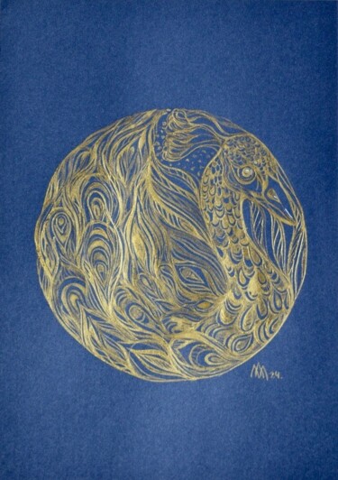 Painting titled ""Golden Peacock"  i…" by Anastasiia Moskvitina, Original Artwork, Ink