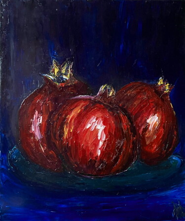 Painting titled "POMEGRANATES" by Anastasiia Novitskaya, Original Artwork, Oil Mounted on Wood Panel