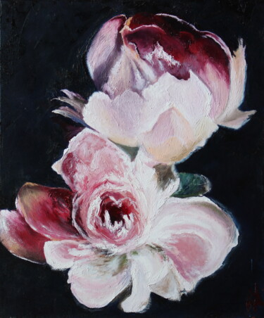 Painting titled "PEONIES" by Anastasiia Novitskaya, Original Artwork, Oil Mounted on Wood Panel