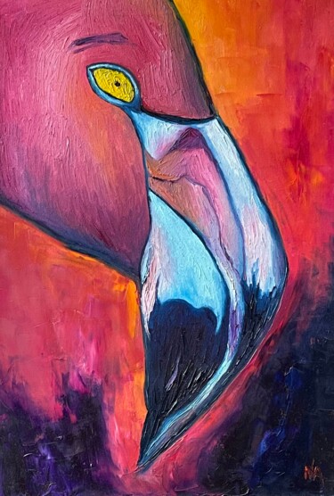 「Flamingo」というタイトルの絵画 Anastasiia Novitskayaによって, オリジナルのアートワーク, オイル ウッドストレッチャーフレームにマウント