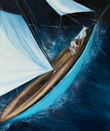 Painting titled "Through the waves" by Anastasiia Novitskaya, Original Artwork, Oil Mounted on Wood Stretcher frame