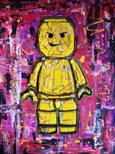 Schilderij getiteld "Legoman" door Anastasiia Schroeder, Origineel Kunstwerk, Acryl Gemonteerd op Frame voor houten brancard