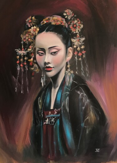 Painting titled "'Hanfu girl portrai…" by Anastasija Terskiha, Original Artwork, Oil Mounted on Wood Stretcher frame