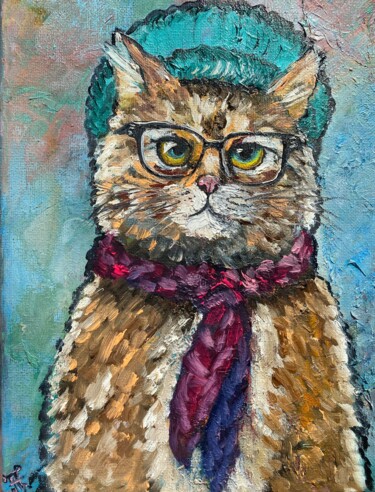 Painting titled "Cat Painting Red Ca…" by Anastasiya Posylaeva, Original Artwork, Oil Mounted on Wood Stretcher frame