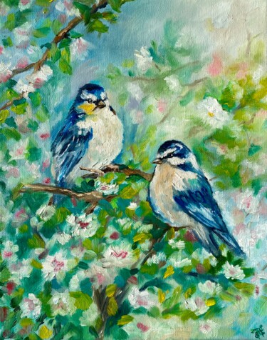 Painting titled "Birds Painting Flow…" by Anastasiya Posylaeva, Original Artwork, Oil Mounted on Wood Stretcher frame