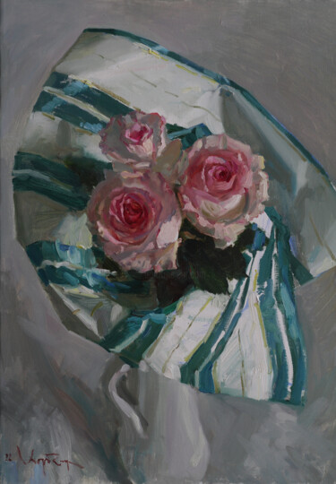 Painting titled "Roses" by Anatolii Korobkin, Original Artwork, Oil Mounted on Wood Stretcher frame