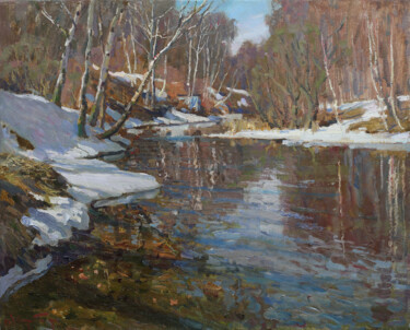 Painting titled "April snow" by Anatolii Korobkin, Original Artwork, Oil Mounted on Wood Stretcher frame