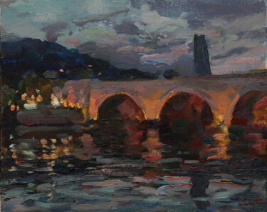 Schilderij getiteld "Sunset at Saarbruck…" door Anatolii Korobkin, Origineel Kunstwerk, Olie Gemonteerd op Houten paneel