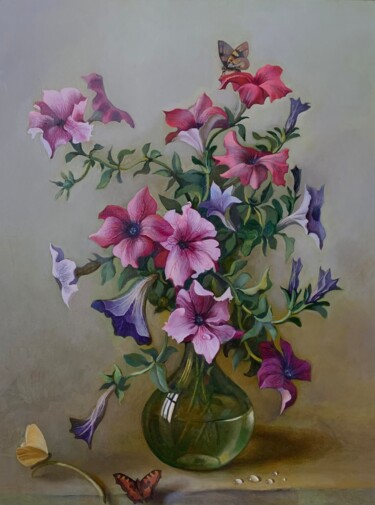 Painting titled "Petunias and butter…" by Anatolii Tokarev, Original Artwork, Oil