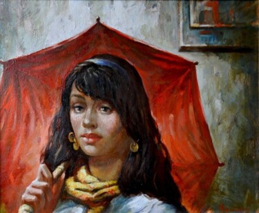 Peinture intitulée "Madchen mit dem rot…" par Anatoliy Rozhanskyy, Œuvre d'art originale
