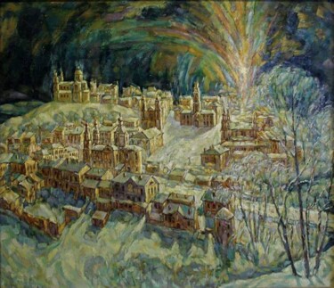 Painting titled "Комета над городом" by Anatoly Chmil, Original Artwork, Oil