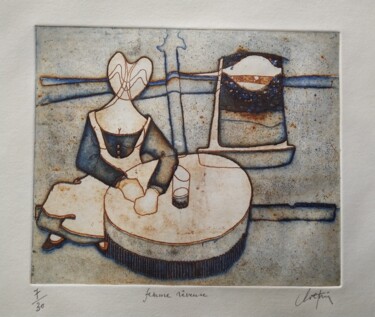 Printmaking titled "Femme rêveuse..." by André Colpin, Original Artwork, Etching
