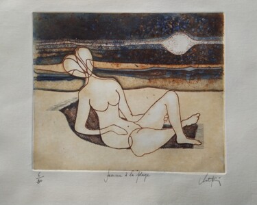 Incisioni, stampe intitolato "Femme à la plage" da André Colpin, Opera d'arte originale, Acquaforte