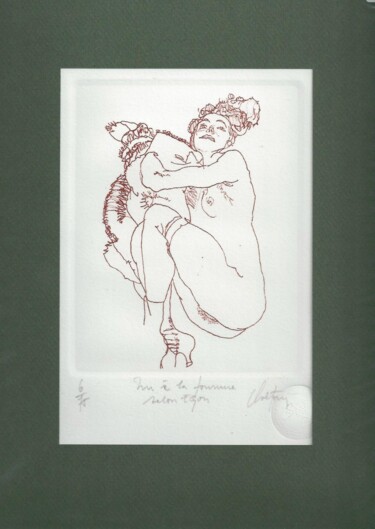 Incisioni, stampe intitolato "Nu à la fourrure se…" da André Colpin, Opera d'arte originale