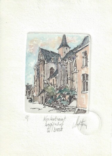 Prenten & gravures getiteld "Diest - Kerkstraat…" door André Colpin, Origineel Kunstwerk, Ets