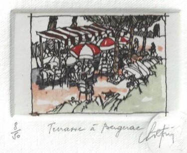 Estampas & grabados titulada "Terrasse à Bergerac" por André Colpin, Obra de arte original, Aguafuerte