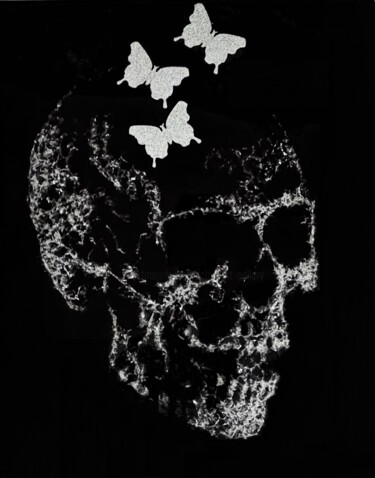 제목이 "glass skull"인 조형물 André Marot로, 원작, 유리 목재 패널에 장착됨
