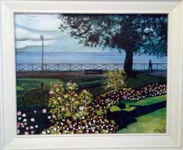Painting titled "la balade d'Evian" by André Marthe, Original Artwork, Oil Mounted on Wood Stretcher frame