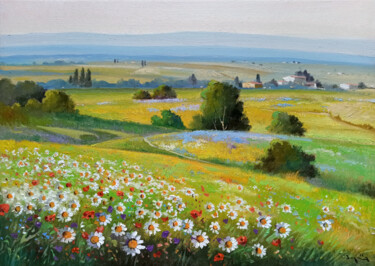 Painting titled "Countryside with fl…" by Andrea Borella, Original Artwork, Oil Mounted on Wood Stretcher frame