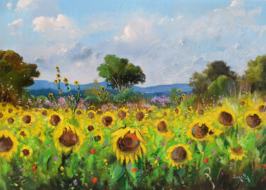 Painting titled "Sunflowers near old…" by Andrea Borella, Original Artwork, Oil Mounted on Wood Panel