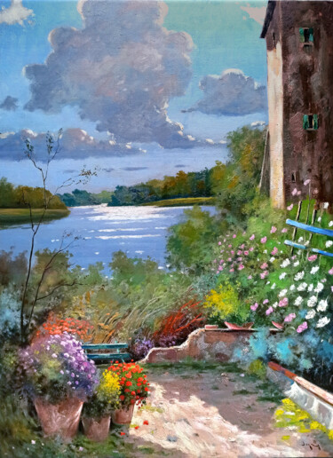 Pittura intitolato "Afternoon on the la…" da Andrea Borella, Opera d'arte originale, Olio Montato su Pannello di legno