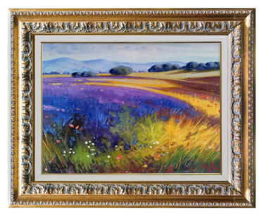 Pintura titulada "Lavender field coun…" por Andrea Borella, Obra de arte original, Oleo Montado en Panel de madera