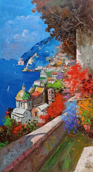 Painting titled "Positano colors - I…" by Andrea Borella, Original Artwork, Oil Mounted on Wood Panel