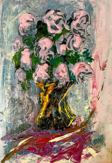Pittura intitolato "Fiori rosa in un va…" da Andrea Collemaggio, Opera d'arte originale, Olio