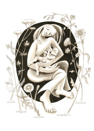 Rysunek zatytułowany „Stillende Mutter mi…” autorstwa Andrea Riegler, Oryginalna praca, Atrament