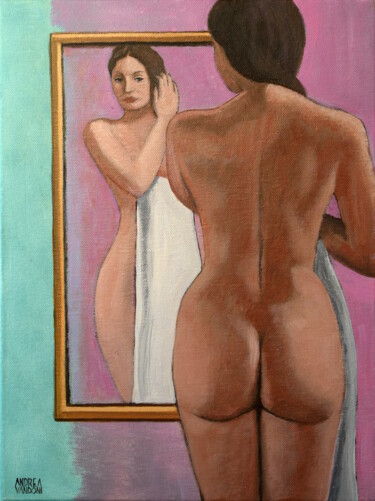 Painting titled "THE MIRROR, 2" by Andrea Vandoni, Original Artwork, Oil Mounted on Wood Stretcher frame