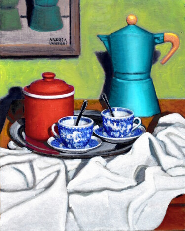 Schilderij getiteld "Coffee Time" door Andrea Vandoni, Origineel Kunstwerk, Olie Gemonteerd op Frame voor houten brancard