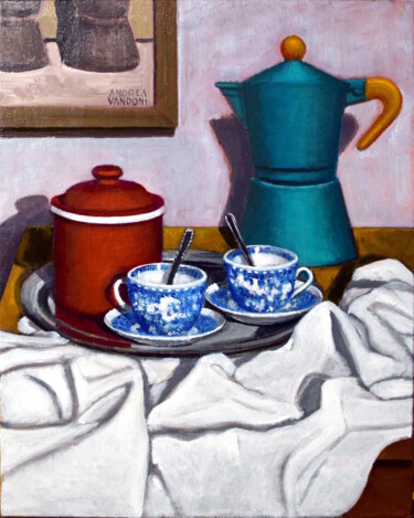 Painting titled "Coffee Time" by Andrea Vandoni, Original Artwork, Oil Mounted on Wood Stretcher frame