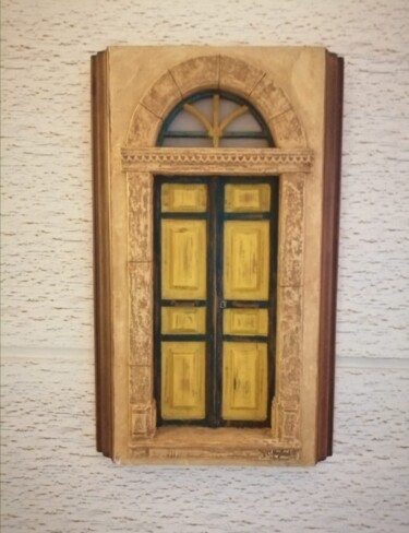 Sculpture titled "Porte verte maison…" by Andregeometricart, Original Artwork, Wood