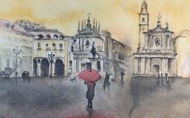 Schilderij getiteld "Piazza San Carlo" door Andrea Caruso, Origineel Kunstwerk, Aquarel