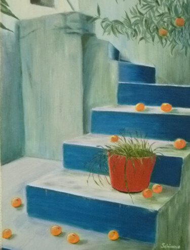 Schilderij getiteld "escalier crétois" door Andrée Schiano Di Cola, Origineel Kunstwerk, Olie Gemonteerd op Frame voor houte…
