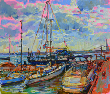 Pittura intitolato "seascape with boats" da Andrei Kutsachenko, Opera d'arte originale, Olio Montato su Telaio per barella i…