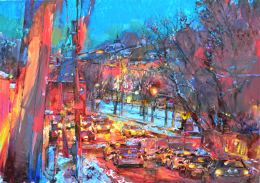 Painting titled "Night city" by Andrei Kutsachenko, Original Artwork, Oil Mounted on Wood Stretcher frame