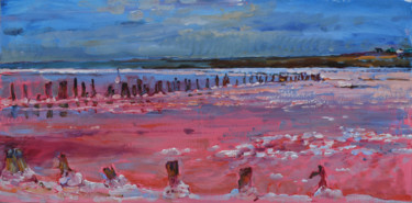 Painting titled "Pink salt lake" by Andrei Kutsachenko, Original Artwork, Oil Mounted on Wood Stretcher frame
