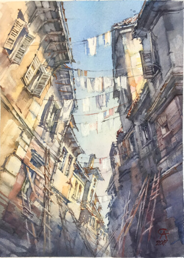 Painting titled "Walls to the sky" by Andrei Svistunov, Original Artwork, Watercolor