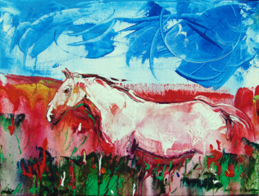 Pittura intitolato "White horse in popp…" da Andrejs Bovtovičs, Opera d'arte originale, Acrilico