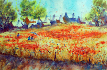 Painting titled "Les coquelicots" by André Méhu, Original Artwork, Watercolor