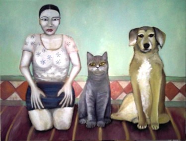 Peinture intitulée "femme chat et chien" par Andre Rippert, Œuvre d'art originale, Huile