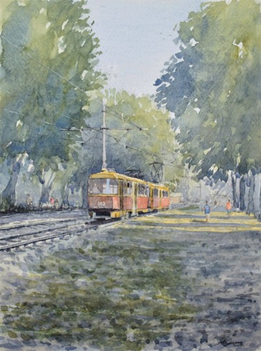 Painting titled "The Tram Home" by Andrew Lucas, Original Artwork, Watercolor
