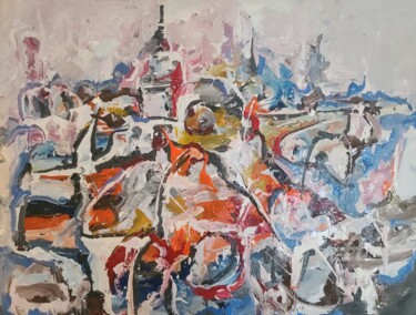 Malerei mit dem Titel "The Bombing of Lviv…" von Andrew Walaszek, Original-Kunstwerk, Acryl