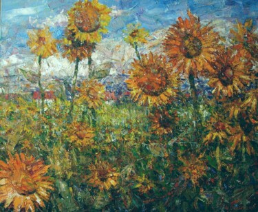 Peinture intitulée "Sunflowers in the f…" par Andrey Lyssenko, Œuvre d'art originale, Huile Monté sur Châssis en bois