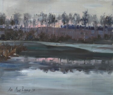 Painting titled "Sunset on the winte…" by Andrey Lyssenko, Original Artwork, Oil Mounted on Wood Stretcher frame