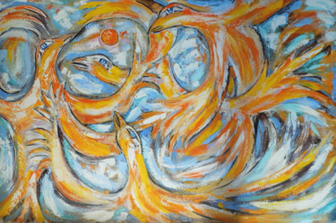 Pittura intitolato "Переплывая небо" da Andrei Sakhapov, Opera d'arte originale, Olio Montato su Telaio per barella in legno