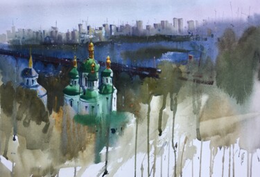Schilderij getiteld "Киев. Вид на Выдуби…" door Andrii Kovalyk, Origineel Kunstwerk, Aquarel
